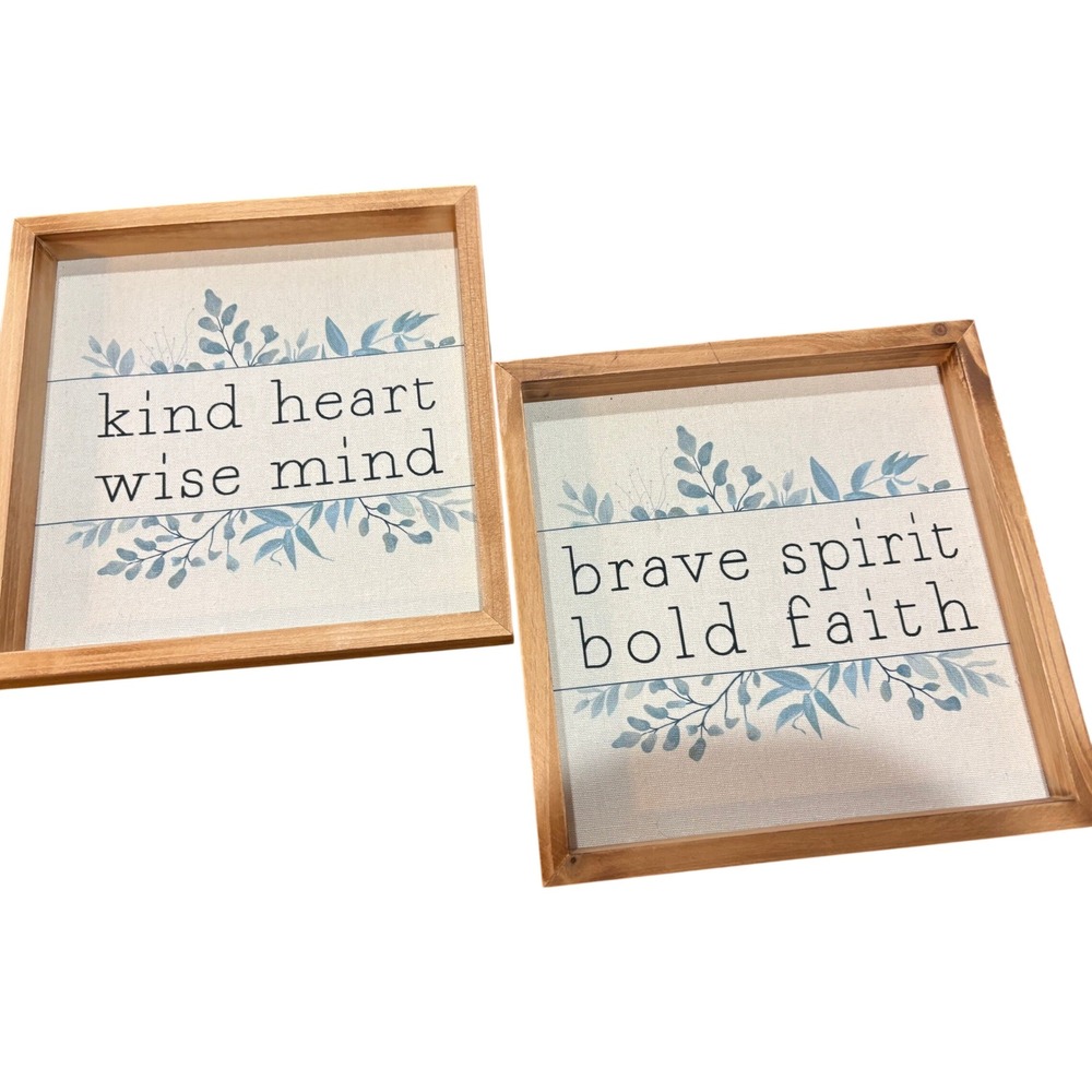 Inspirational Wood Wall Art Set 2pc Kind Heart Brave Spirit Blue Botanical 10in